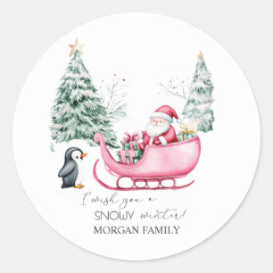 Sticker Rond Père Noël,Traîneau,Manchot,Forêt