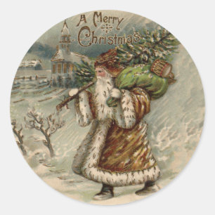 Sticker Rond Père Noël victorien avec arbre de Noël