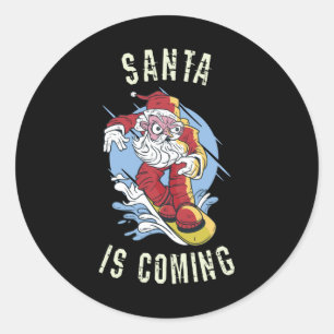 Sticker Rond père Noël vient en snowboard