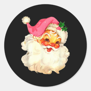 Sticker Rond Père Noël Visage de Noël Rose Ancien Xmas Vintage
