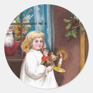 Sticker Rond Père Noël visite par fenêtre Noël millésimé