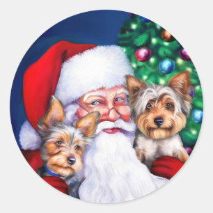 Sticker Rond Père Noël Yorkies à Noël