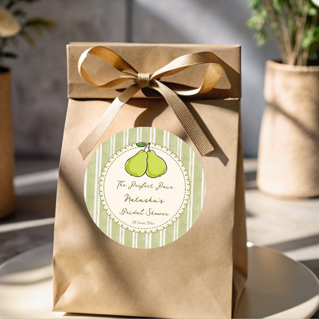 Sticker Rond Perfect pair sage green pear bridal shower favor (Perfect pair sage green retro stripes pear bridal shower personalized favor classic round sticker)