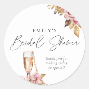 Sticker Rond Perles Pétales & Prosecco Fête de Mariage Florale