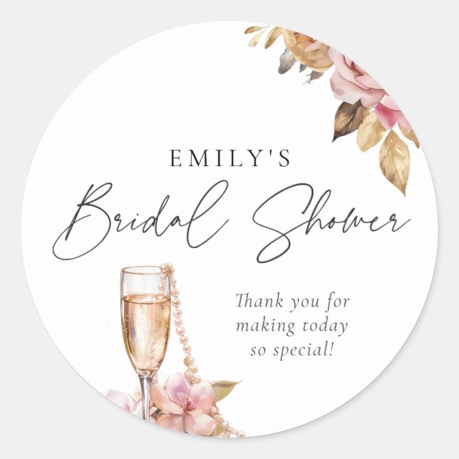 Sticker Rond Perles Pétales & Prosecco Fleurs Mariage Shower (Devant)