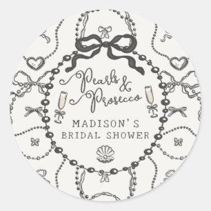 Sticker Rond Perles & Prosecco Noir Ruban Faveur de Baby Shower