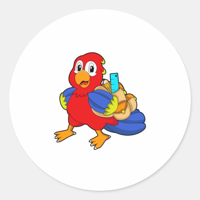 Sticker Rond Perroquet comme étudiant avec sac à dos (Devant)