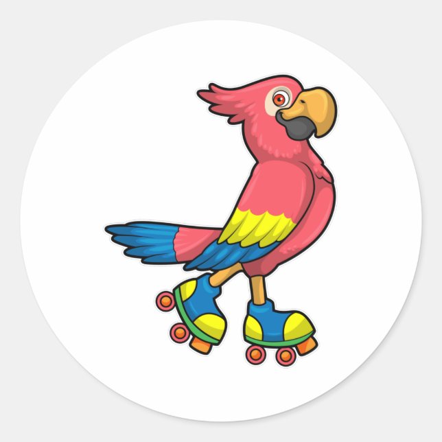 Sticker Rond Perroquet comme patineur avec patins à rouleaux (Devant)