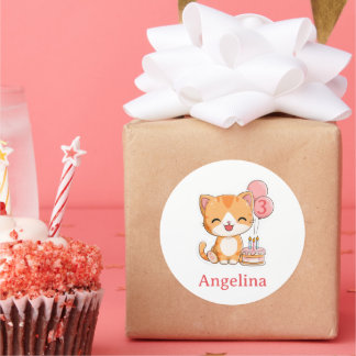 Sticker Rond Personalized 3rd Birthday, Ginger Kitten,
