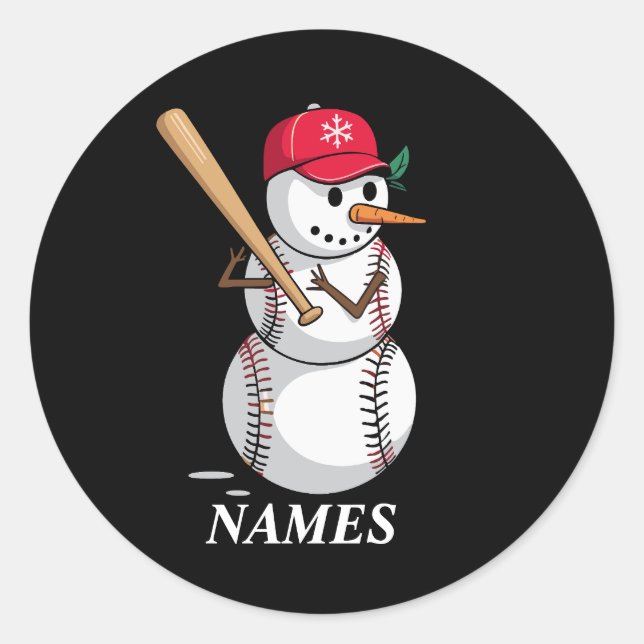 Sticker Rond Personalized Name Baseball Snowman Balls Snow Xmas (Devant)