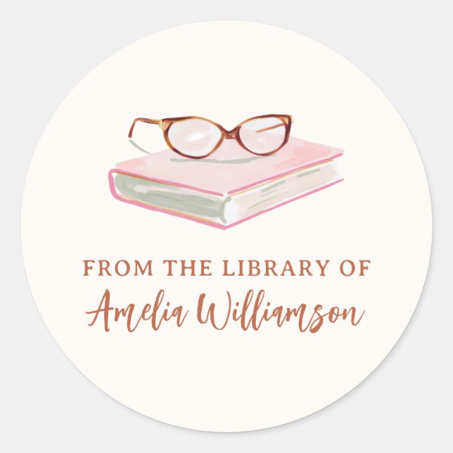 Sticker Rond Personalized Name From The Library Pink Bookplate (Devant)