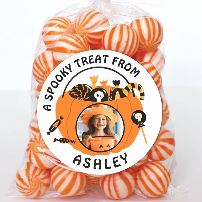 Sticker Rond Personalized Photo Name Halloween Candy Treat (Personalized Photo Name Kids Halloween Candy Bucket Stickers Custom Treat Labels for Classroom Party)