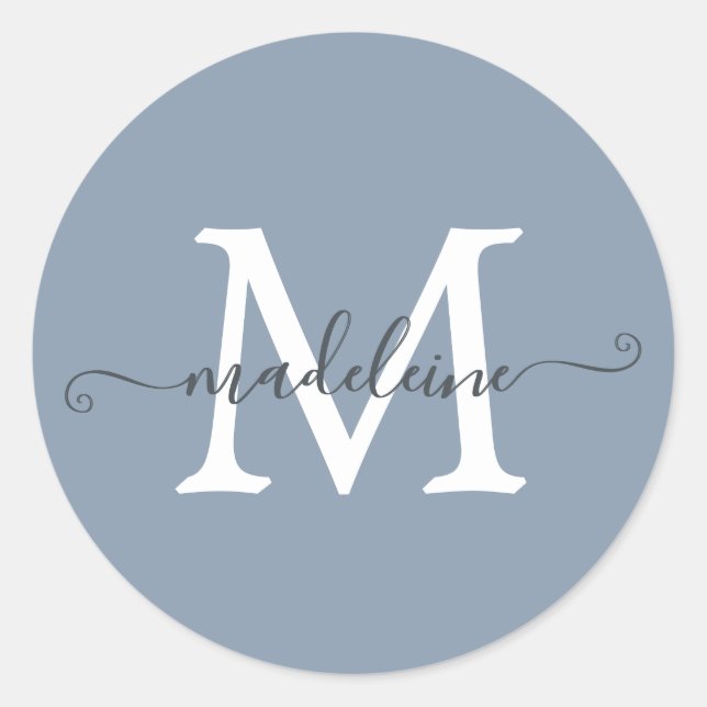 Sticker Rond Personalized Script Name Monogram Dusty Blue (Devant)