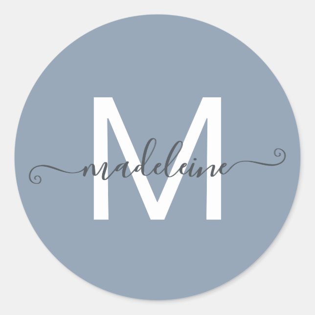Sticker Rond Personalized Script Name Monogram Dusty Blue (Devant)