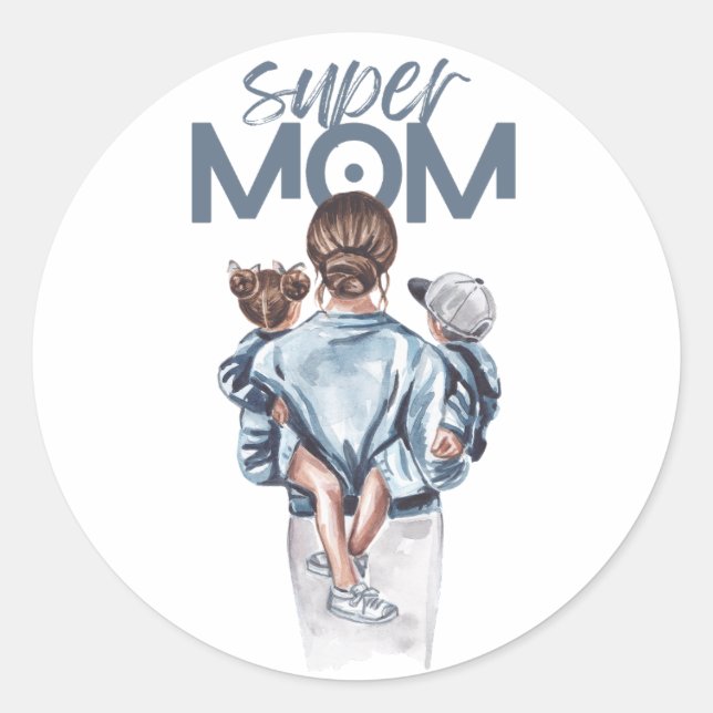 Sticker Rond Personalized Super Mom with Son and Daughter Gift (Devant)