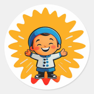 Sticker Rond Personnage de soleil de dessin animé joyeux