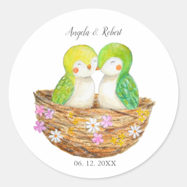 Sticker Rond Personnalisable Cute Lovebirds unique Mariage Fave (Devant)