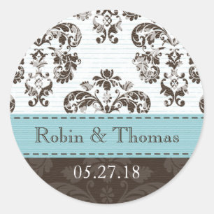 Sticker Rond Personnalisé Blue et Mariage damassé Brown