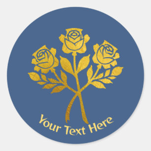 Sticker Rond Personnalisé Blue Faux Gold Floral Garden Roses