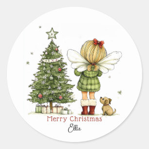 Sticker Rond Personnalisé Cute Cosy Fairy and Puppy Christmas