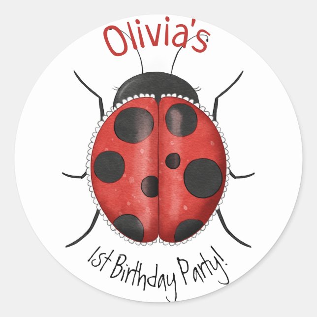 Sticker Rond Personnalisé Cute Girly LadyBug 1er anniversaire (Devant)