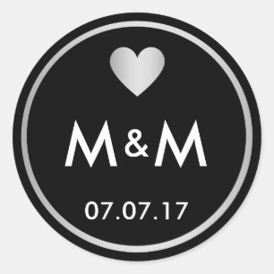 Sticker Rond Personnalisé Elegant Noir Argent & Mariage Coeur