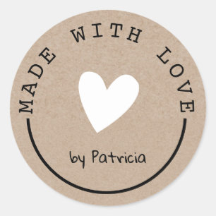 Sticker Rond Personnalisé Fabriqué Avec Amour Coeur Blanc Kra