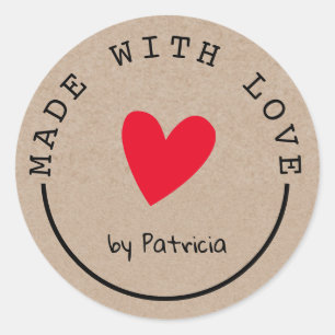 Sticker Rond Personnalisé Fabriqué Avec Amour Rouge Coeur Kra