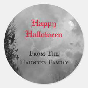 Sticker Rond Personnalisé Happy Halloween Pleine lune et Raven 