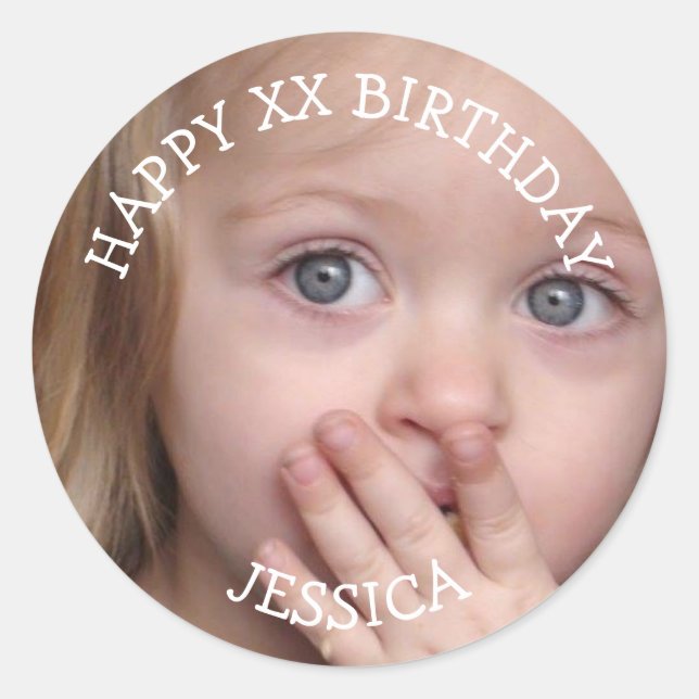Sticker Rond Personnalisé Joyeux anniversaire âge et photo (Devant)