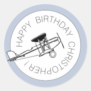 Sticker Rond Personnalisé Joyeux Anniversaire Boy Airplane Part