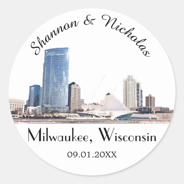 Sticker Rond Personnalisé Milwaukee Skyline Mariage (Devant)