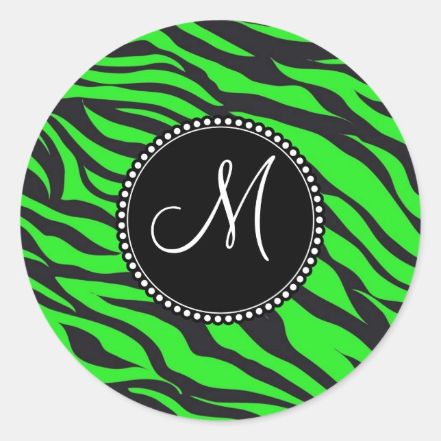 Sticker Rond Personnalisé Monogramme initial néon vert noir Zèb (Devant)