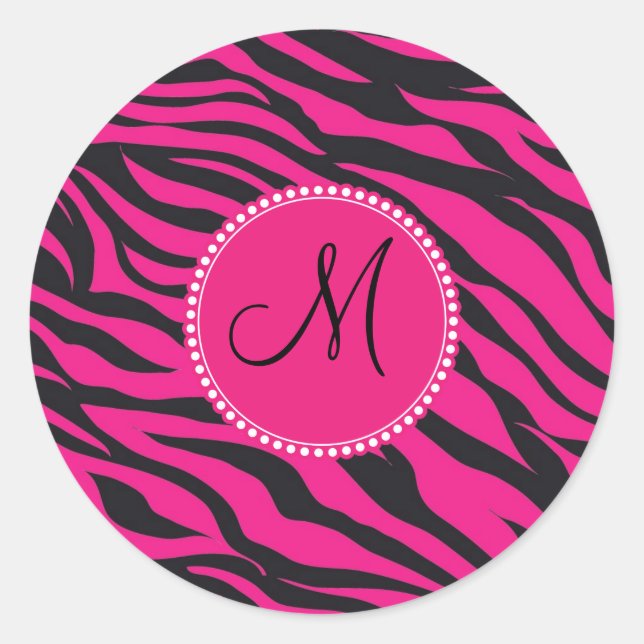 Sticker Rond Personnalisé Monogramme initial rose chaud Zèbre n (Devant)