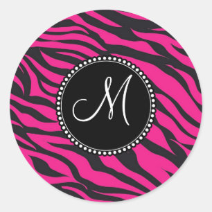 Sticker Rond Personnalisé Monogramme initial rose chaud Zèbre n