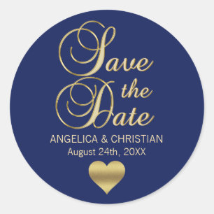 Sticker Rond Personnalisé Navy Blue Gold SAVE THE DATE Mariage