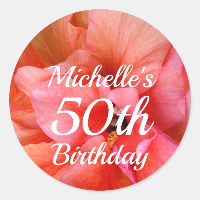 Sticker Rond Personnalisé Nom 50e anniversaire Orange rose Flow (Devant)