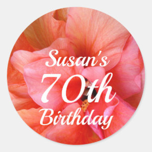 Sticker Rond Personnalisé Nom 70e anniversaire Pink Orange Flow