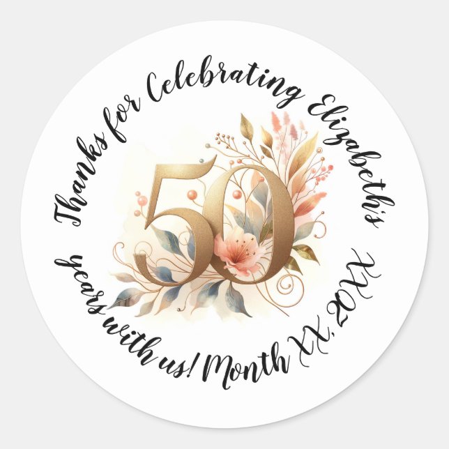 Sticker Rond Personnalisé Nom et année 50e anniversaire Fête (Devant)