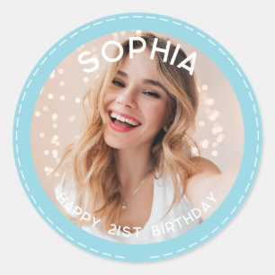 Sticker Rond Personnalisé pastel bleu Moderne 21e anniversaire
