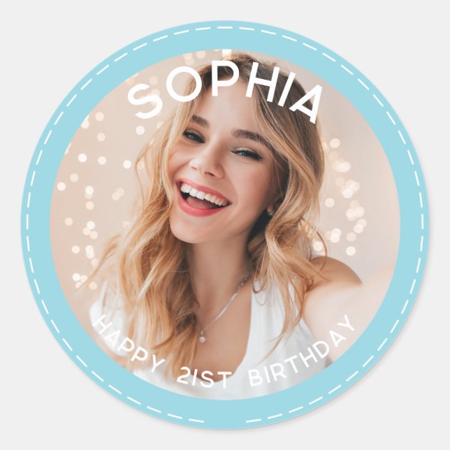 Sticker Rond Personnalisé pastel bleu Moderne 21e anniversaire  (Devant)