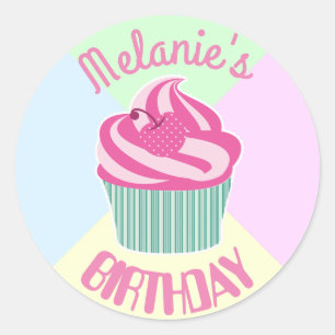 Sticker Rond Personnalisé Pink Cupcake d'anniversaire