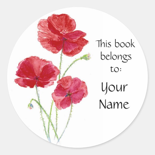 Sticker Rond Personnalisé - Plaque de livre - Poppies rouges -  (Devant)