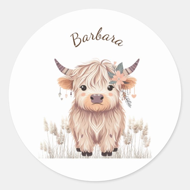 Sticker Rond Personnalisé Prénom mignon Moderne Boho Highland C (Devant)