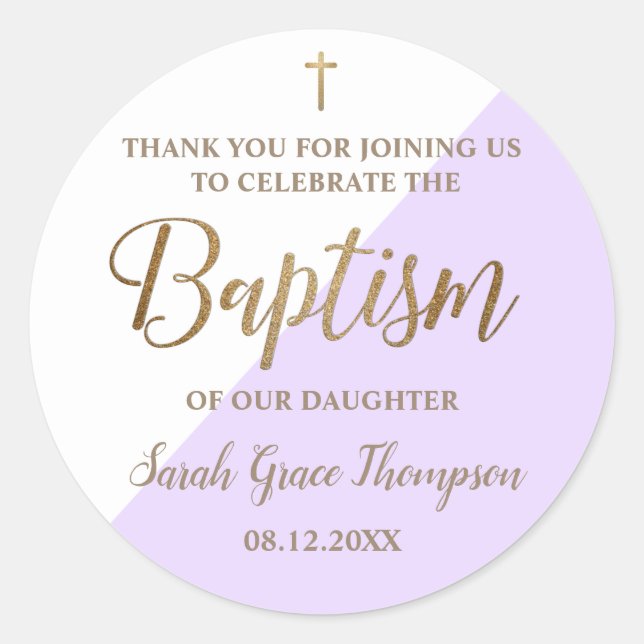 Sticker Rond Personnalisé Purple Bébé fille baptême merci (Devant)