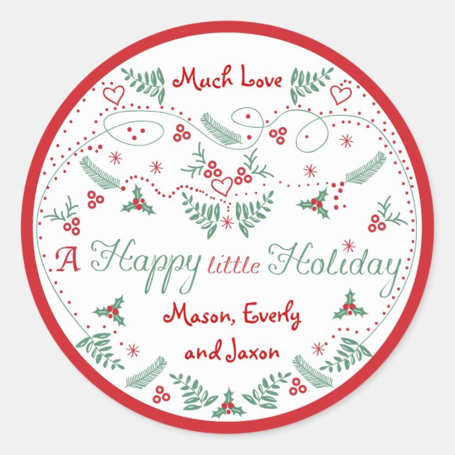 Sticker Rond Personnalisé Red Green Holly Happy little Holiday (Devant)