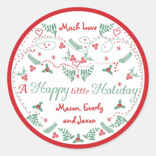 Sticker Rond Personnalisé Red Green Holly Happy little Holiday