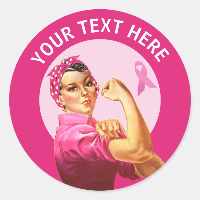 Sticker Rond Personnalisé Rosie le Riveter Cancer du sein rose (Devant)