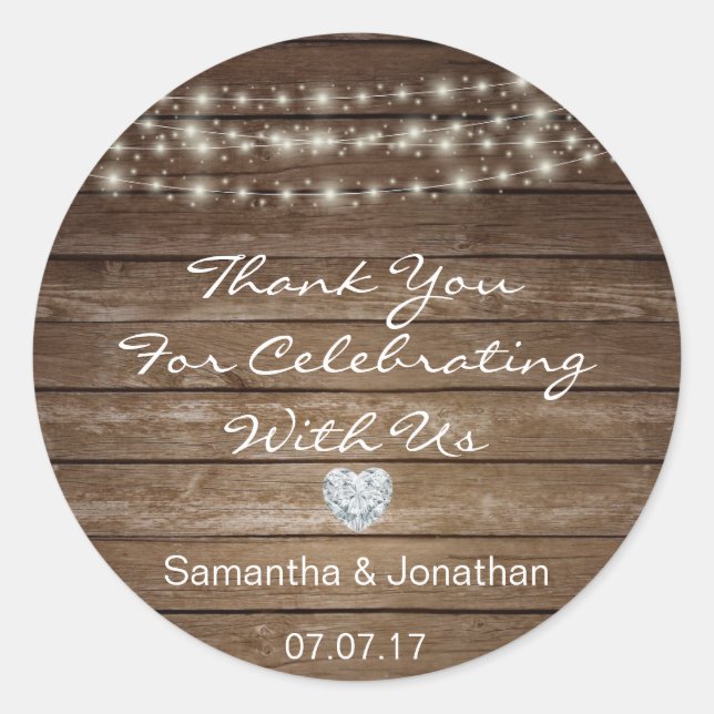 Sticker Rond Personnalisé Rustic String Lights Mariage en bois (Devant)