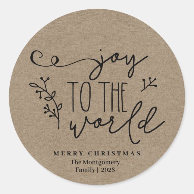 Sticker Rond Personnalisé Rustique Joyeux Noël Nom Kraft (Devant)